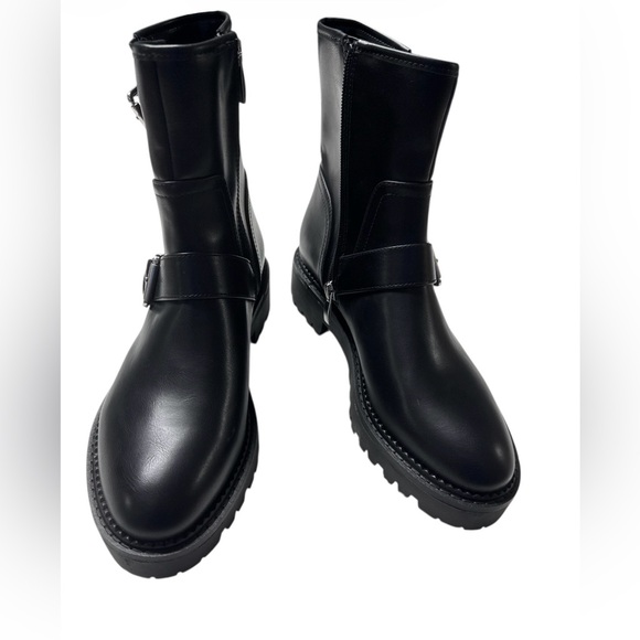 Nordstrom Rack Black Leather Moto Boots Buckle Detail Size 7.5 - Picture 5 of 9